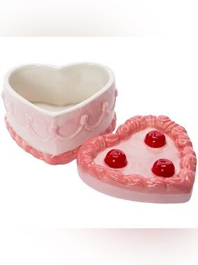 Sweet Heart Shaped Cake Cherry Pink Ceramic Trinket Jewelry Jar NWT